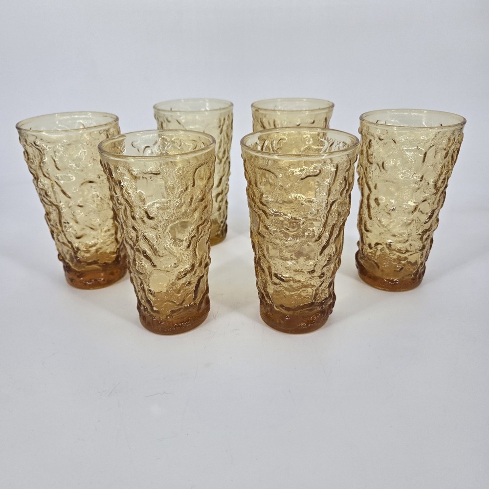Set 6‎ Anchor Hocking Lido Milano Honey Gold Tumblers Crinkle Glass Vintage EUC